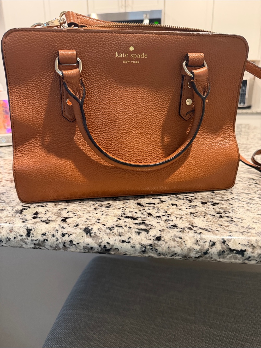 kate spade Tan Pebbled Leather Satchel with Gold Logo